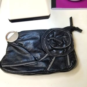 Black leather rose accent evening clutch  bag